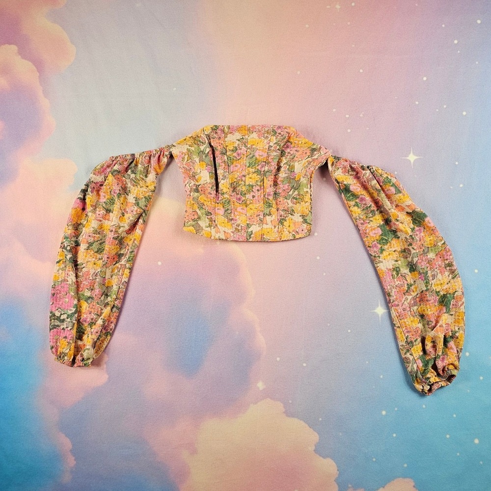 Wild Fable Corset Top Womens XXS Multicolor Excellent Floral Puff Sleeve Cropped